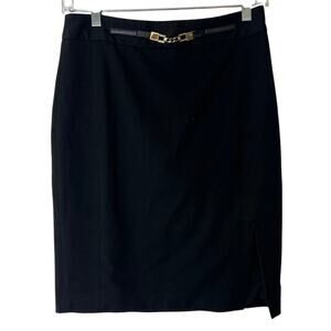 Express black pencil skirt slit, gold chain accent belt, work skirt, 4 Career